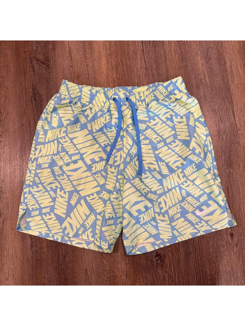 Nike Men's Blue and Yellow Logo Print Lined Swim Athletic Shorts Size M